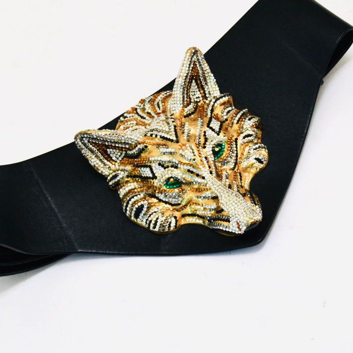 70s 80s Vintage Ermine Beverly Hills Leather and Austrian Crystals FOX Face belt Metallic Gold Rhinestone Belt Small Medium Large 28-33"