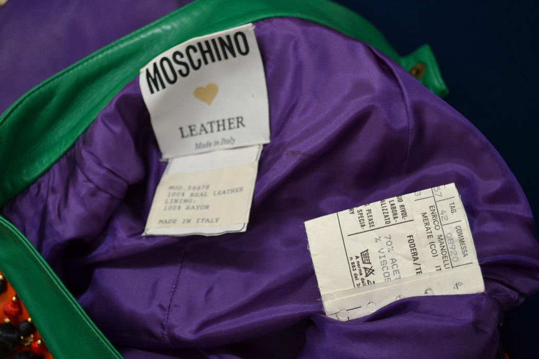 vintage 90s Moschino Rainbow Leather SKIRT 1991 Spring Summer Moschino Studded Flower Leather Skirt Red Blue Green Yellow Made in ITaly