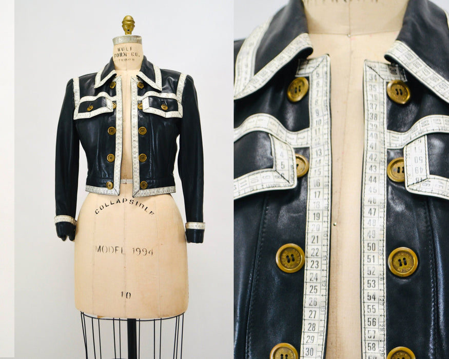 90s Vintage Black Leather Jacket by Moschino Leather Small Made in Italy// 90s Black Leather Jacket Tape Measure Trim Designer Seamstress