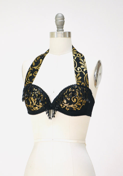 80s 90s Black Lace Bra Showgirl Beaded Fringe Halter neck Bra Crop Top Gold beaded fringe top 80s Madonna Costume top Black Lace Fringe Bra