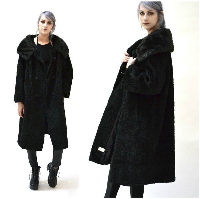 50s 60s Vintage Black Faux Fur Coat Jacket Size Large// Vintage Black Vegan Fur Coat Jacket Size Large Persian Lamb Aline 60s Faux Fur Coat