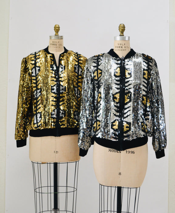 Vintage 80s 90s Silver Sequin Party Bomber Jacket Metallic Jacket Medium large// Vintage 80s 90s Party Metallic Silver Gold Sequin Jacket