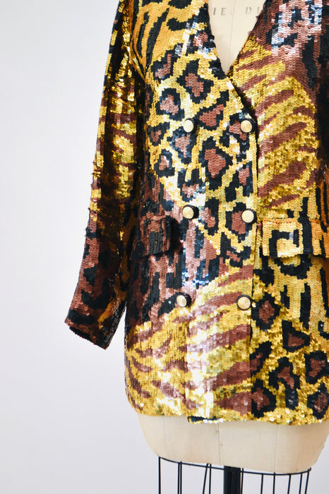 80s 90s Vintage Sequin Jacket Black Small Medium Leopard Cheetah Animal Pattern// 90s Metallic Gold Black Sequin Jacket French Collizioni