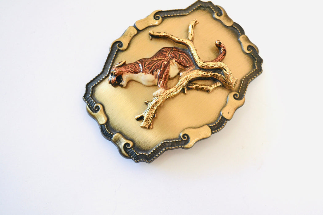 70s 80s Vintage Brass Cheetah Leopard Belt Buckle Metallic Big Cat Belt Buckle Large Cat Brass Gold Cheetah Belt Buckle by Raintree Buckle