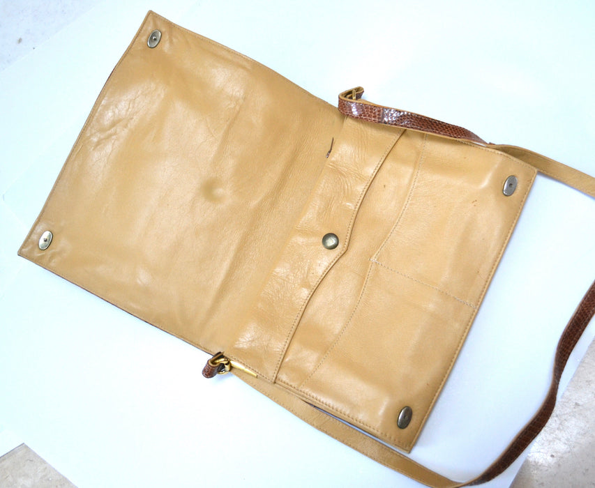 70s Vintage Brown Leather Envelope Bag Clutch Brown Tan Leather Snakeskin Shoulder Bag// Brown Patent Leather Snake Skin Bag Purse