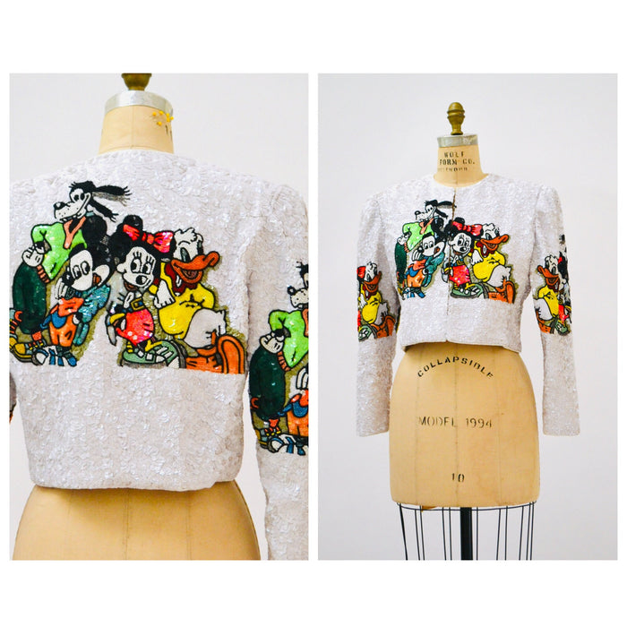 Vintage Jeanette Kastenberg Platinum Beaded Jacket Disney Mickey Minnie Mouse Donald Duck Beaded Bolero Jacket Comic Cartoon Small Medium