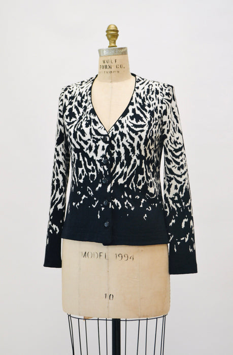 2000s y2k Vintage St. John Collection Zebra Pattern Sweater Cardigan Black and White Animal Zebra Pattern Cardigan Small Medium
