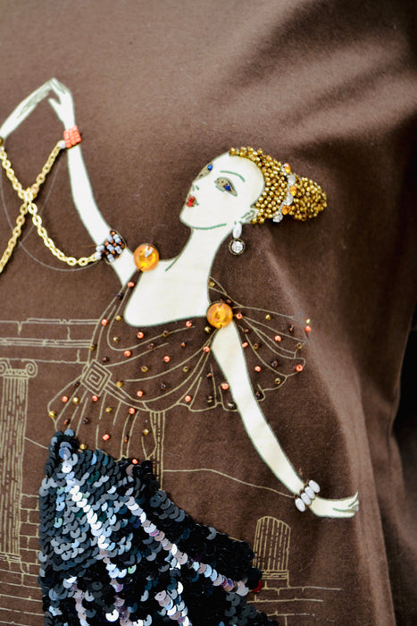 80s Vintage T Shirt Tunic Brown Beaded George Barbier Fashion Illustration Printed Sequin Beaded Erte Top Shirt French Art DIDIER RONSARD
