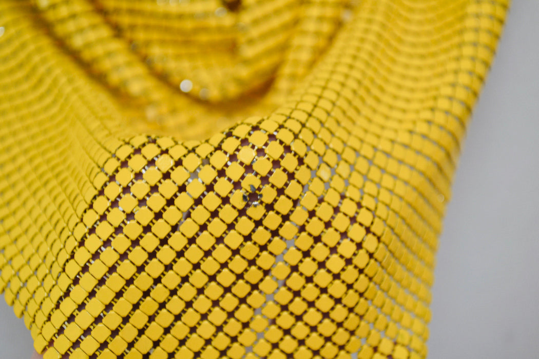 70s 80s Yellow Metal Chainmail Collar Necklace Bib Vintage Chainmail Necklace 70s yellow Chainmail bib NECKLACE Wedding Disco Necklace