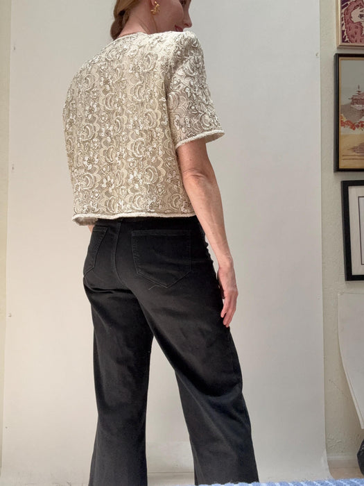 Vintage Cream White Lace Beaded Shirt Jacket Top Medium Large Cream White Lace Wedding Top Jacket// Vintage Summer Wedding Lace Jacket Large