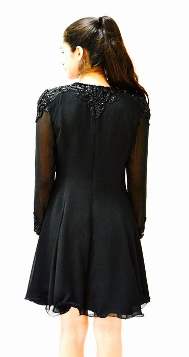 90s Vintage Black Silk Party Dress Black Sequin Beaded Dress Small Medium// 90s Prom Party Vintage Black Sequin Dress Long sleeve Dress