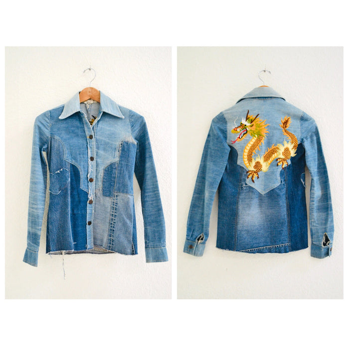 70s Authentic Vintage Patchwork Denim Shirt Bell Bottom Jeans Pants Embroidered Dragon Jeans Denim Shirt Set XS Small Paradox Bloomingdales