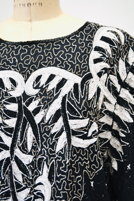 80s GLAM Vintage Black White Sequin Party Dress XL X Large// Vintage Black Sequin Dress Flapper Disco 3X Plus Size Vintage Beaded dress