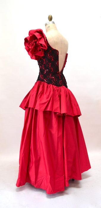 80s Prom Dress Red Black ruffle Sequin dress// Vintage 80s Party Flamenco Pageant Dress XS Small// Vintage 80s Spanish Sequin Party Dress
