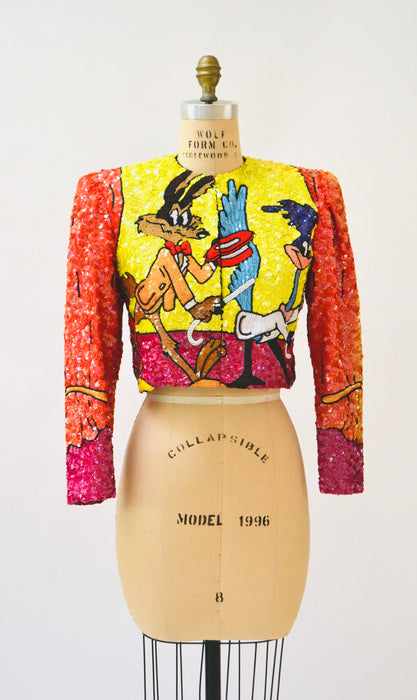 90s Vintage Jeanette Kastenberg Platinum Sequin Jacket Looney Tunes Warner Brothers Cartoon Beaded Jacket Medium Wile E. Coyote Road Runner