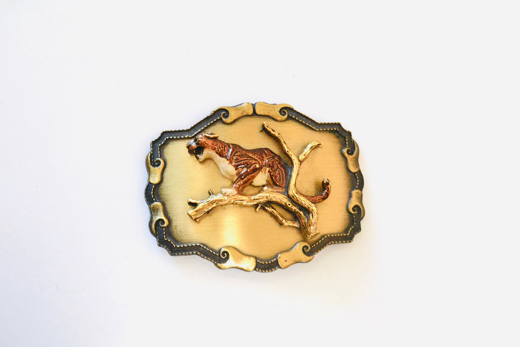 70s 80s Vintage Brass Cheetah Leopard Belt Buckle Metallic Big Cat Belt Buckle Large Cat Brass Gold Cheetah Belt Buckle by Raintree Buckle