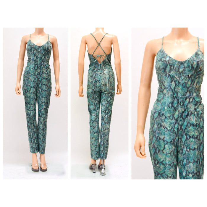 2000s Y2k Leather Jumpsuit Snake Print leather Cat Suit  Blue Green Snake Skin Print By Michael Hoban North Beach Leather Size XS Small