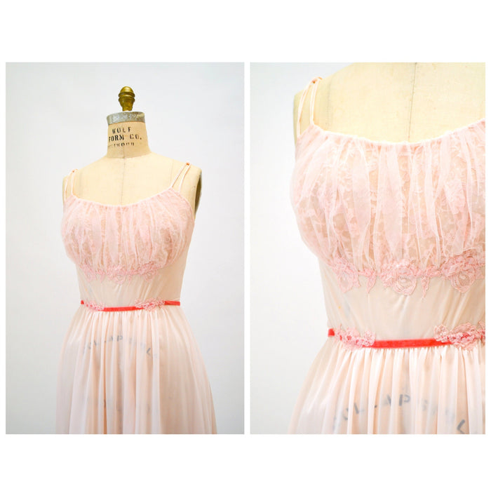 1960s 60s Vanity Fair Vintage Nightgown Nighty Dress Camisole Small Medium Pink Lace Sheer Wedding Honeymoon Nightgown Slip Dress Pink Tank