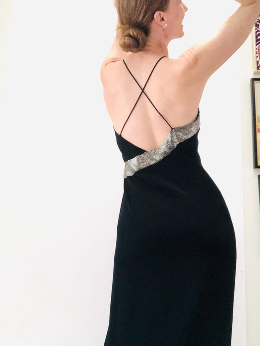 90s 2000s Y2K Vintage Black Evening Dress Gown Black Y2K Prom dress Long Black Tank dress with Silver Beading Cache Party Dress Small Medium