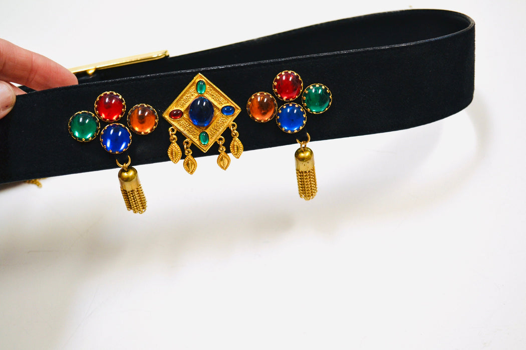 80s 90s Vintage ESCADA Black Gold Gemstone Belt Metallic Chain Fringe Black Leather Belt size 42 Medium Large 80s Glam Wide Black Gold Belt