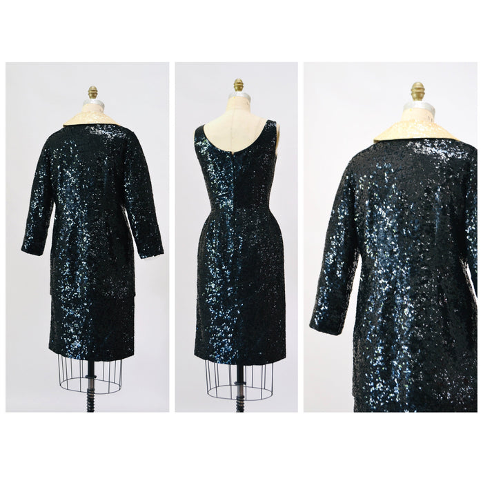 50s 60s Vintage Black Sequin Dress and Jacket Small Medium 1950s 60s Wedding Cocktail Sequin Dress Jacket Suit Miss Ruth Cream Sequin Collar