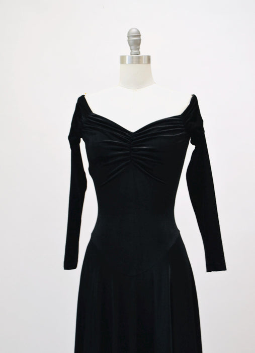 90s Vintage Black Velvet Dress Betsey Johnson XS Small //  90s Party Dress Knit Velvet Black dress Long Sleeve Skater Off the Shoulder