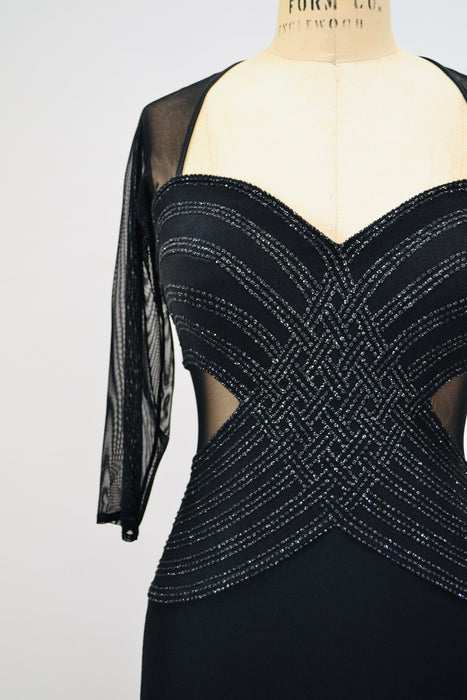 90s Vintage Black Metallic Evening Gown Prom Dress Illusion Dress Small // Black 90s Mesh Cut out Dress Bondage Dress Small Medium Tadashi