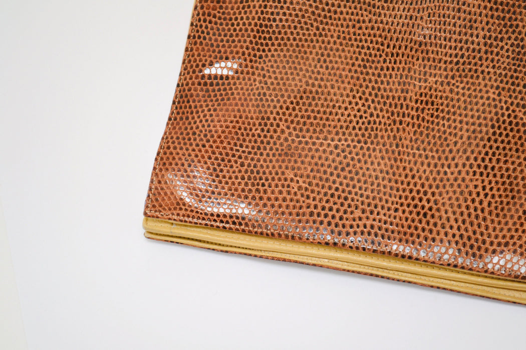 70s Vintage Brown Leather Envelope Bag Clutch Brown Tan Leather Snakeskin Shoulder Bag// Brown Patent Leather Snake Skin Bag Purse