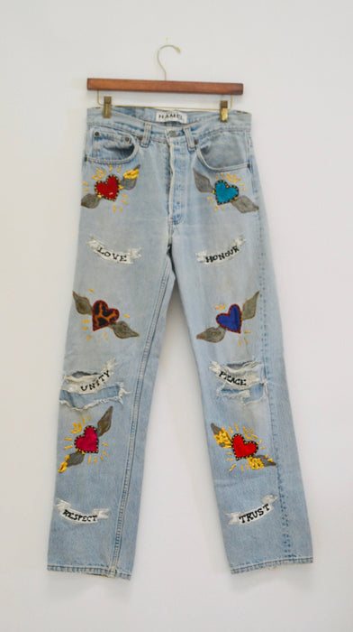 80s Vintage Leslie Hamel Jeans Pants Vintage Levis Hand painted Love Peace Denim Jeans Levis Pop Art Vintage Levis Medium Jeans Madonna