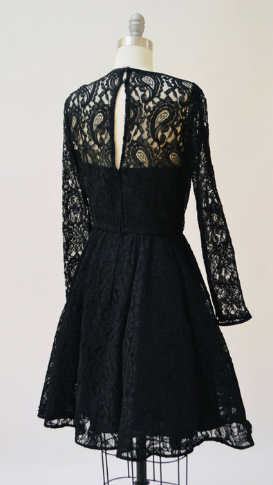 Vintage 80s 90s Black lace Dress Small Medium Long Sleeves Crinoline skirt// 90s does 50s Black Lace Party Dress Rimini Medium Paisley Lace