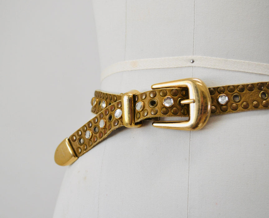 90s 2000s Vintage Gold Rhinestone Belt Brown Leather Gold Rhinestone Belt Small 29" Rhinestone Studded leather Belt