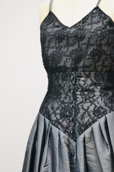 Vintage 80s 90s Black Grey lace Crinoline Skirt and Top Small Medium 80s Prom Madonna Dress// 80s Grey Taffeta Lace Party Dress Skirt Top