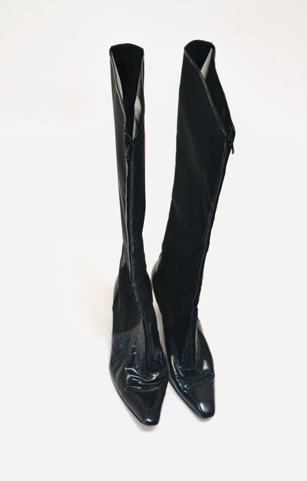 1970s 80s Vintage Knee High Boots Size 38 7  7 1/2 Ombeline Maud Frizon Black Mesh and Leather Boots High Heel Knee High Black Leather Boots