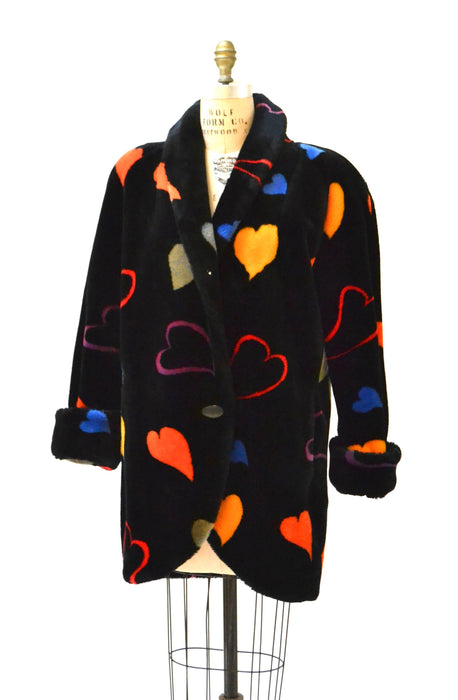 Vintage Black Faux Fur Jacket Coat with Hearts 90s pop art Rainbow Hearts Vintage Donny Brook Black with Hearts Coat Small Medium Gay Pride
