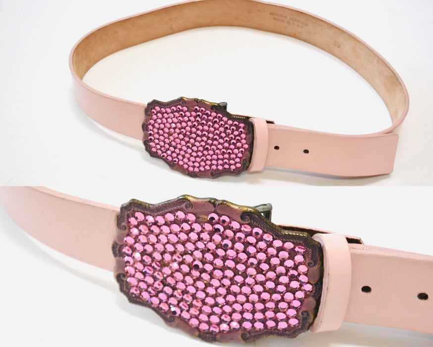 Y2K 2000s Pink Rhinestone Leather Belt Pink Crystal Belt Buckle Pink Leather Belt Size Small Medium Pink Rhinestone cowgirl Belt 33-37"