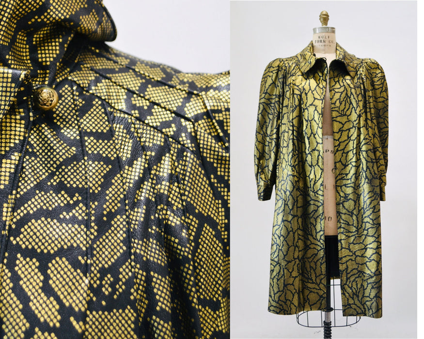 80s Vintage Black Gold Long Leather Jacket Trench Coat Black Gold Metallic Leather Swing coat Jacket Medium 80s Lillie Rubin Size 8