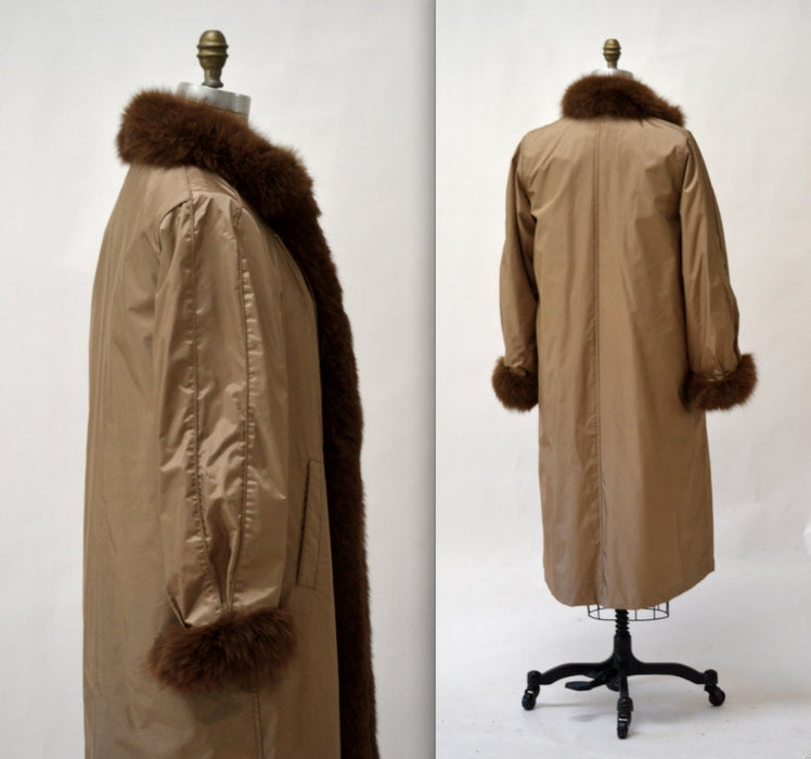 Vintage Fur Jacket Coat Size Large Tan Brown Fur Lined// 80s Vintage Trench Coat with Beaver Fox Fur Collar// Vintage Rain Jacket with Fur