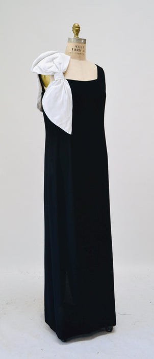 80s 90s Vintage Black Party Dress Black Evening Gown with Large White Bow// 90s Party Dress Bow Dress Medium Large 80s Evening Wedding Dress