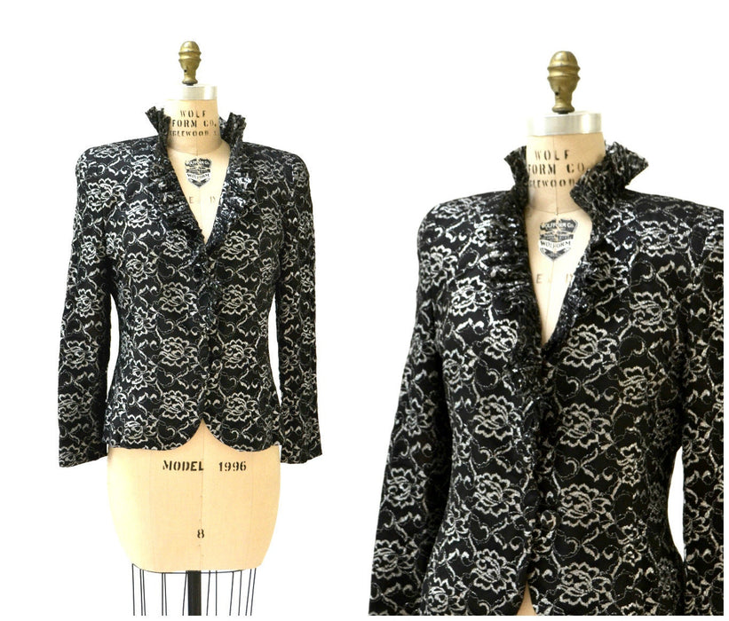 80s Vintage Black Silver Metallic Lace Jacket Blazer Suit by Carolina Herrera Studio Medium Large// 80s Black Lace Jacket Suit Ruffle Jacket