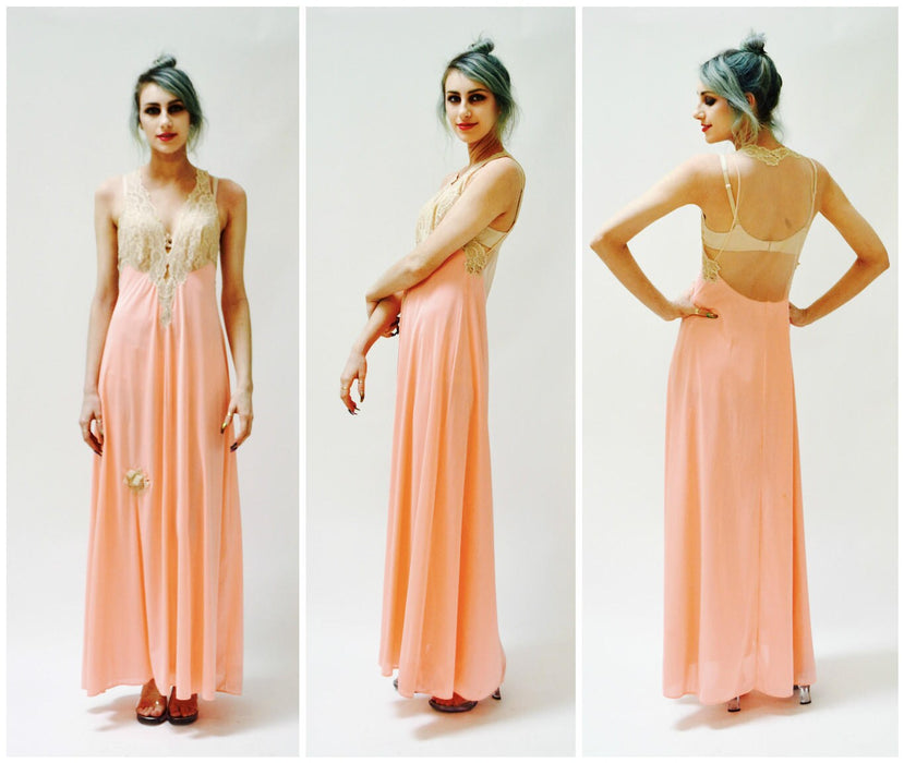 Vintage Nightgown Camisole Chemise Dress Small Pink Lace Cream Wedding Honeymoon Night gown// Vintage Lingerie Slip Dress Bridal