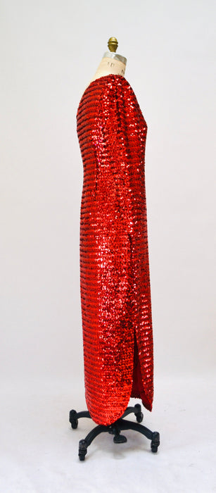 70s Vintage Red Sequin Gown Dress Red Sequin Showgirl One shoulder asymmetrical Dress Small Medium Pageant Jessica Rabbit Princess Costume