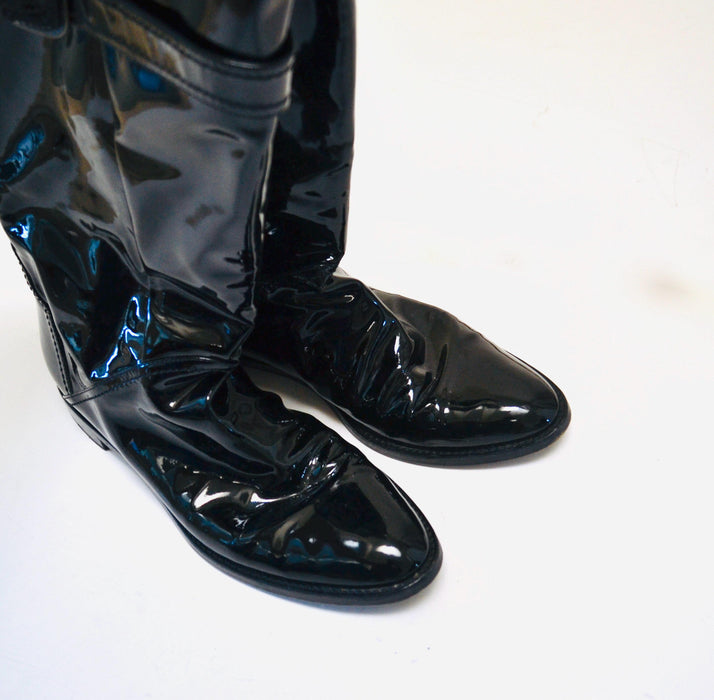 90s 2000s Black Patent Leather Knee High Boots 39 8 8 1/2 Sergio Rossi Made in Italy// Vintage Black Patent leather Knee High Flat boots