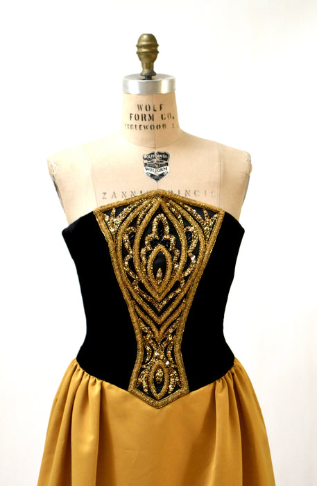Vintage Bob Mackie Dress Black Strapless Velvet Dress Beaded Sequin Dress Black Yellow Gold Small Medium// 90s Vintage Pageant Party Dress