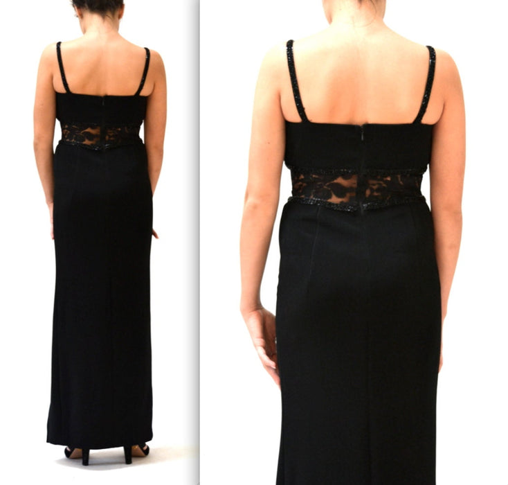 90s Vintage Black Prom Dress Evening Gown Size Small by Susan Roselli// Black 90s Illusion Long Black Dress Small Lace Beaded Body Con