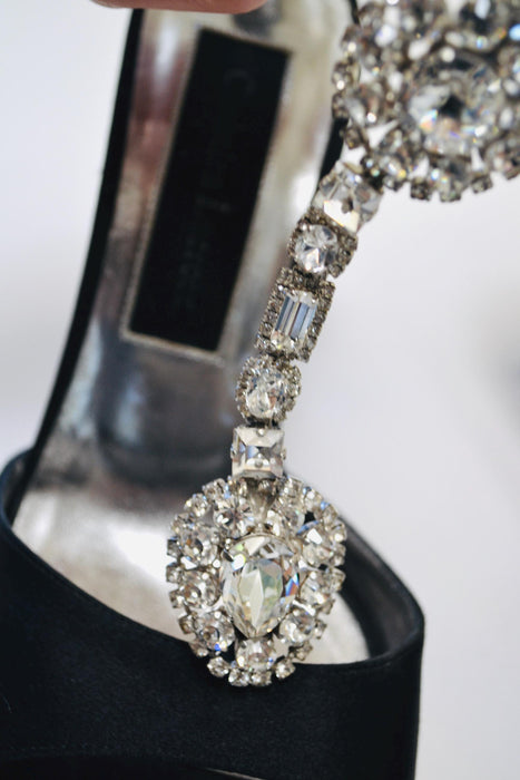 Vintage 00s Black Rhinestone High Heel Sandals Size 7 37 By Christian Lacroix 90s Rhinestone High Heel Sandals Strapy Wedding Shoes