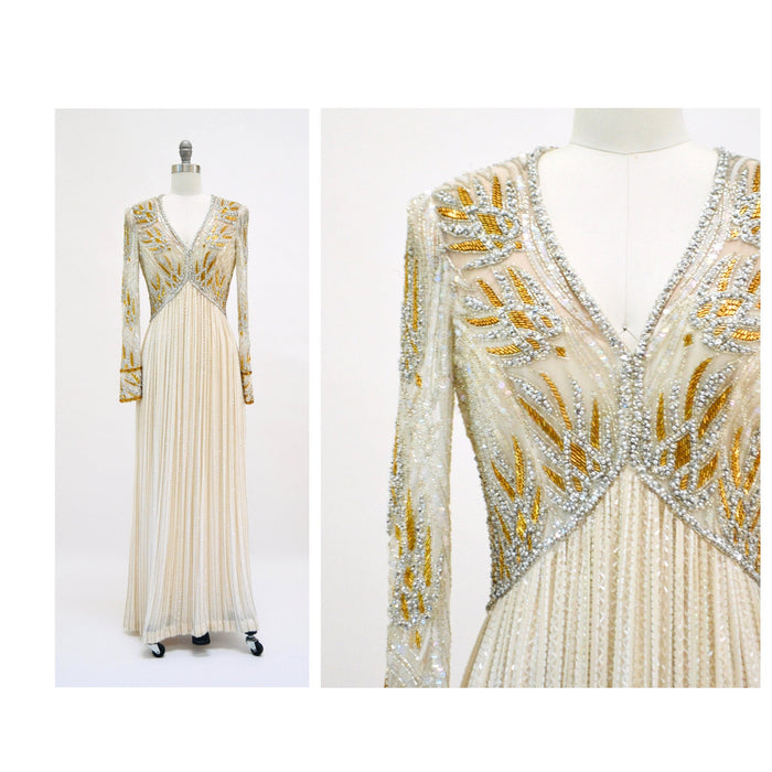 80s 90s Vintage Silver Gold White Cream Beaded Gown Dress Small Medium Bob Mackie Silk// Vintage Wedding Gown Beaded Art Deco Gown Small