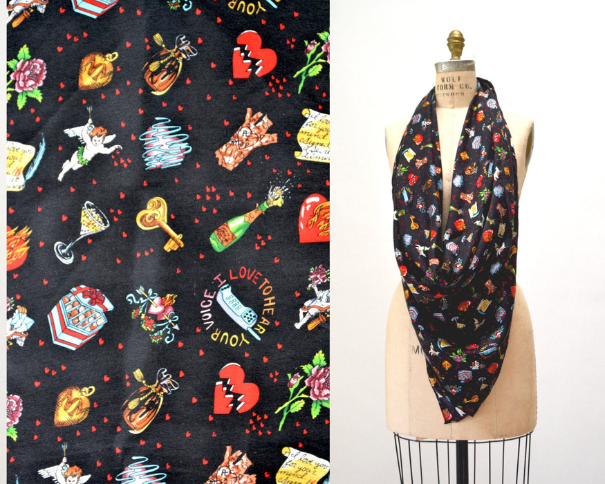 90s Vintage Nicole Miller Black Silk Scarf Love Valentines Day Cupid Bridal Shower Gift // Vintage Large Silk Scarf Wedding Engagement Gift