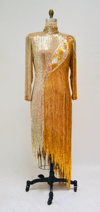 80s Vintage Gold Sequin Bob Mackie Dress Black white Beaded Sequin Fringe Dress Medium I.MAGNIN Bob Mackie  Asymmetrical Fringe Dress