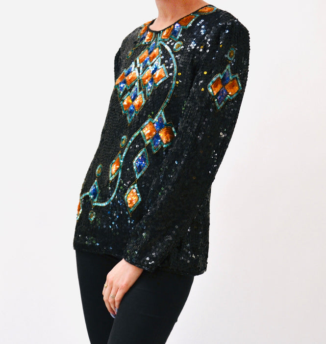 Vintage Metallic Black Sequin Shirt Art Deco Flapper Disco Medium Large// Vintage Black Sequin Shirt Top Long Sleeves Scala 80s 90s Party