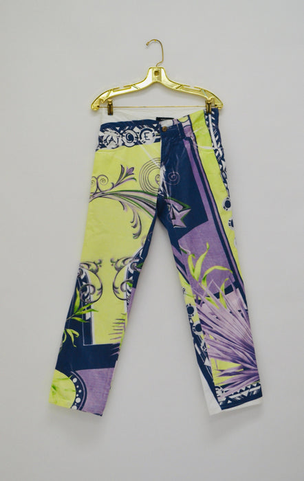 90s Vintage Versace Pants Jeans White Blue Yellow Printed Versace Pants Size 32 Italian Vintage Fashion Designer Size Small Medium